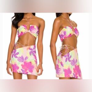 SET For Love & Lemons  Monique Pink Floral Mini Skirt and Bra Top